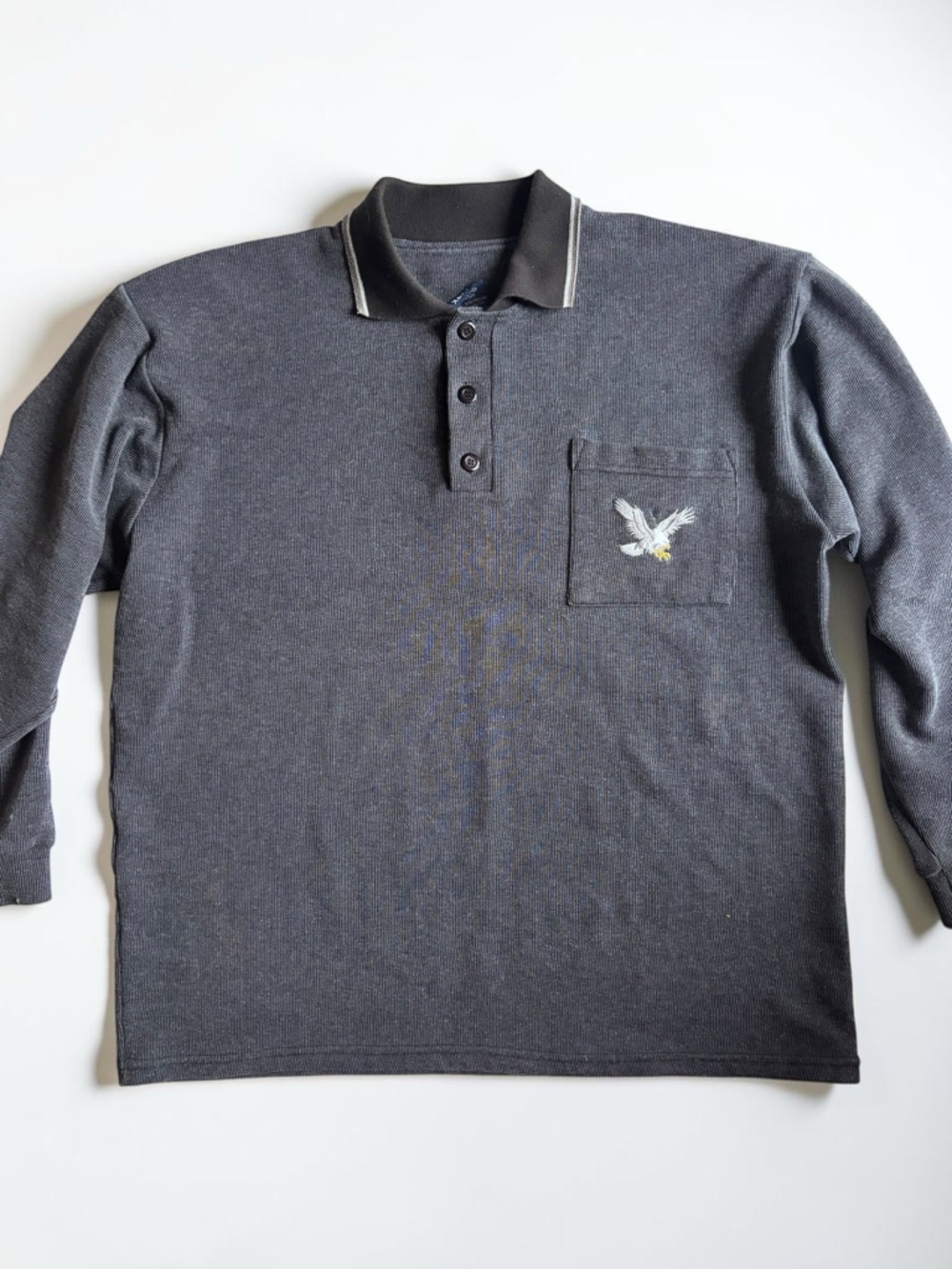 Mens XL Vintage Eagle Polo Shirt Gray Long Sleeve Minimalist Streetwear